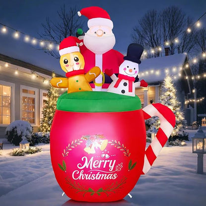 6 FT Christmas Inflatables Outdoor Decoration, Santa Claus Snowman Gingerbread Man in Xmas Mug for Outdoor Christmas Decorations