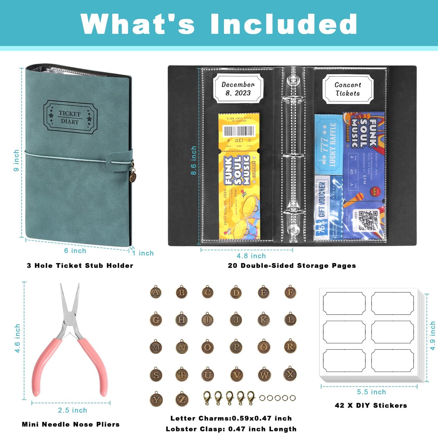 Blue PU Leather Ticket Stub Diary 3 Hole Ticket Stub Holder Album 6 x 9 Inch Ticket Stub Organizer with 40 PVC Pockets 42 DIY Stickies 26 Letter Charms for Collect Movie Concert Tickets Receipts