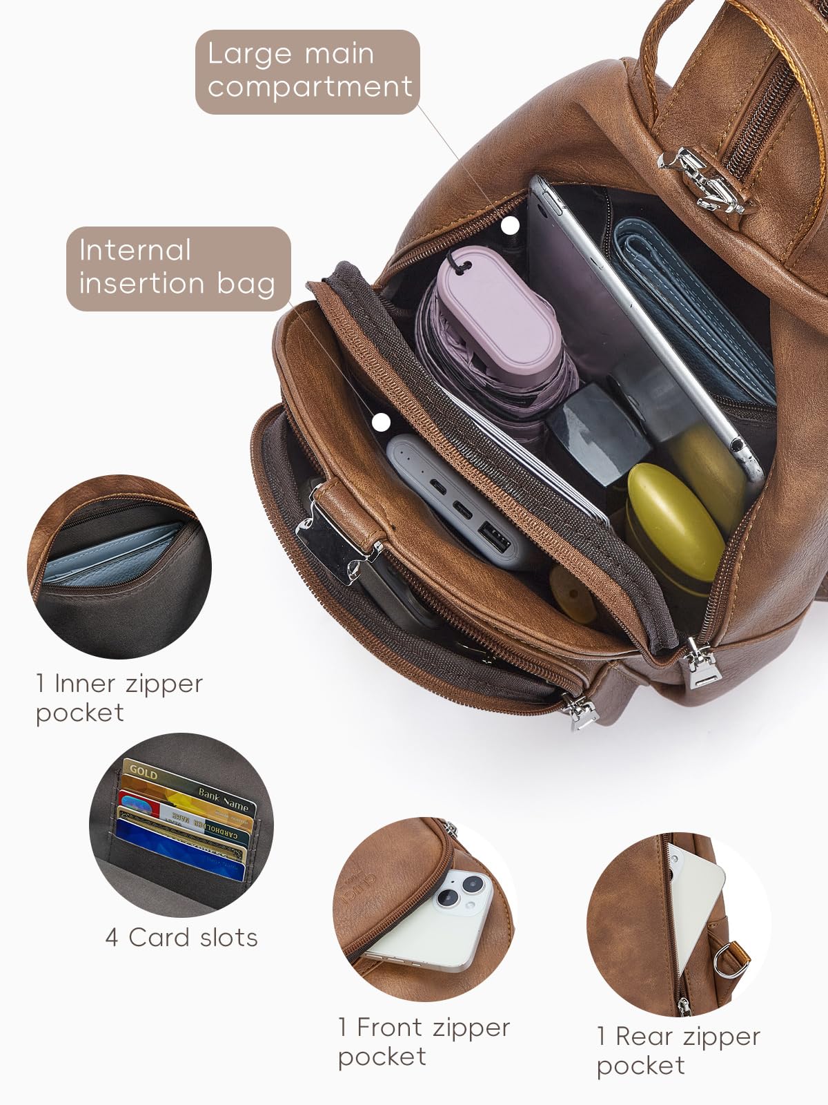 CLUCI Leather Sling Backpack for Women - Small Convertible Crossbody Bag for Travel