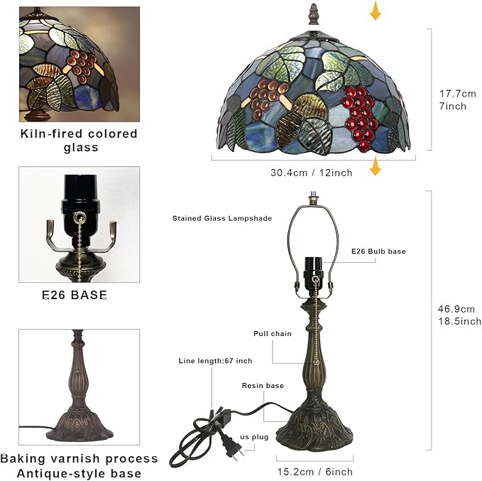 Tiffany Table Lamp Stained Glass Bedside Table Lamp Desk Reading Light 12 Inches Bedroom Living Room Home Office Decor Lamp(Grape)