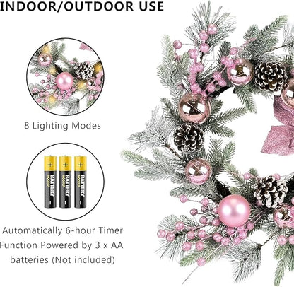 Pink Christmas Wreath 20 Inch Christmas Door Decorations Wreath Set of 2 with Christmas Balls, Pine Cones, Golden Twigs, Pine Needles and Silver Berries,Perfect for Front Door, Indoor Outdoor Use