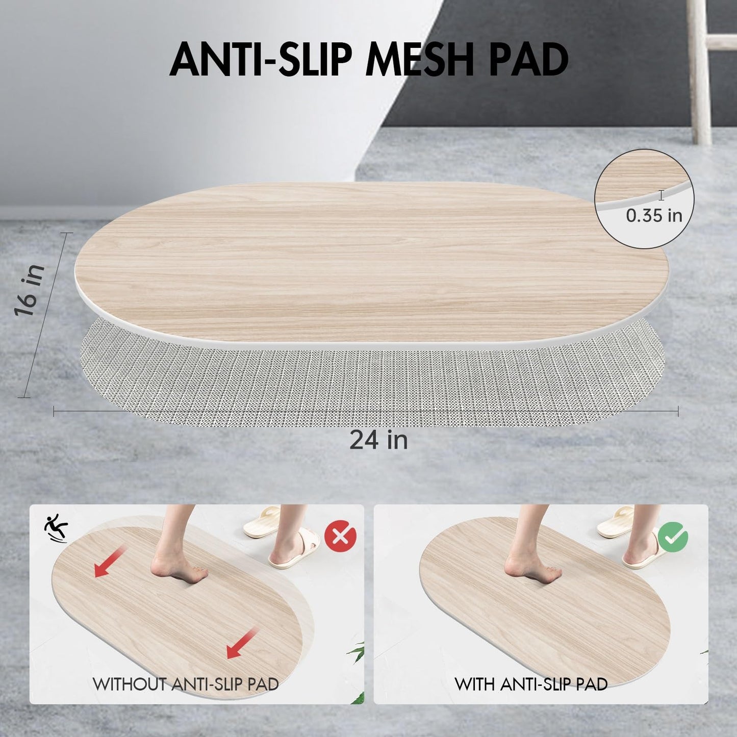 NAVKONY Stone Bath Mat for Bathroom|Diatomaceous Earth Bath Mat|Quick Dry Water Absorbing Bath Stone Mat Large|Non-Slip Bathroom Shower Rug|Easy to Clean (24×16'', Wood Grain, Oval)