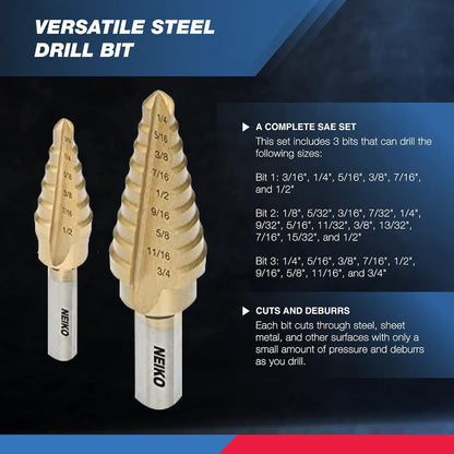 Neiko 10193A Titanium Step Bits, Unibit Set, 28 Sizes, High Speed Steel, Standard (SAE) Step Drill Bit Set, Step Bits for Metal. Unibit Step Drill Bits, Industrial Unibit