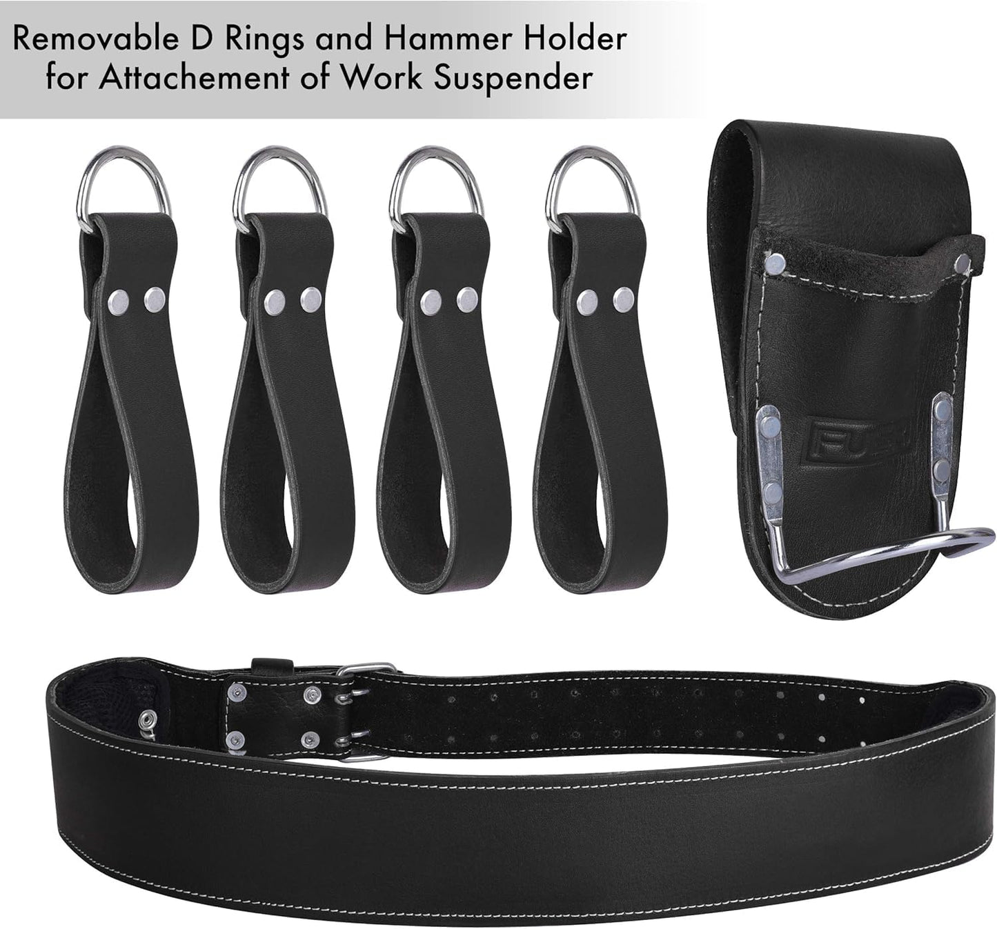 FUERI Leather Tool Belts with Suspender for Men, Heavy-Duty Durable Carpenter Tool Rig Organizer With 19 Pockets-2 Pouches, Padded Suspender, Hammer Holder, D-Loops & Foam-Padded Belt Electricians