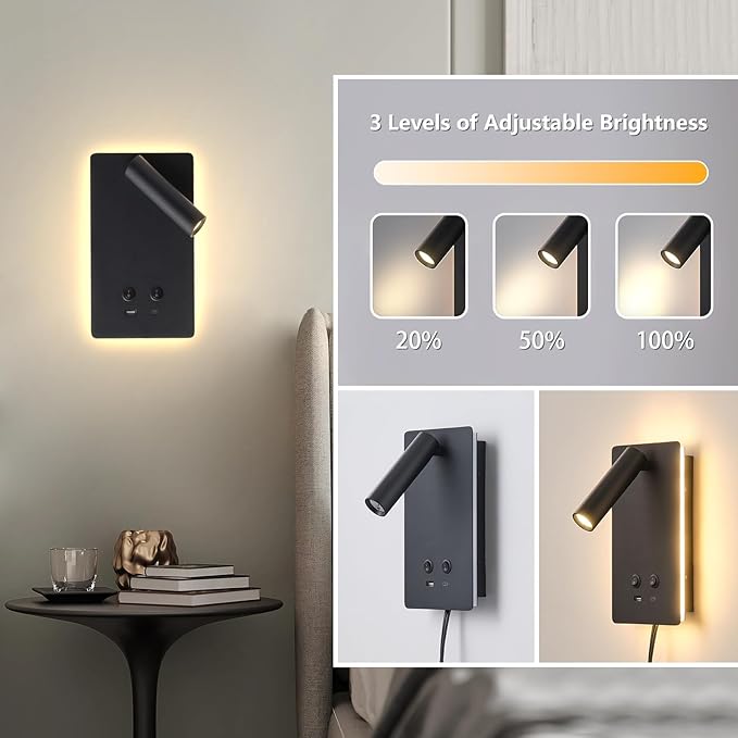 LED Wall Mounted Reading Lights for Books in Bed, Plug in Wall Sconce with USB C+A Ports & 3 Brightness Dimmable, Black Wall Lamps for Bedroom, Headboard Bedside Lamp with 9W+3W Night Light (2 Pack)