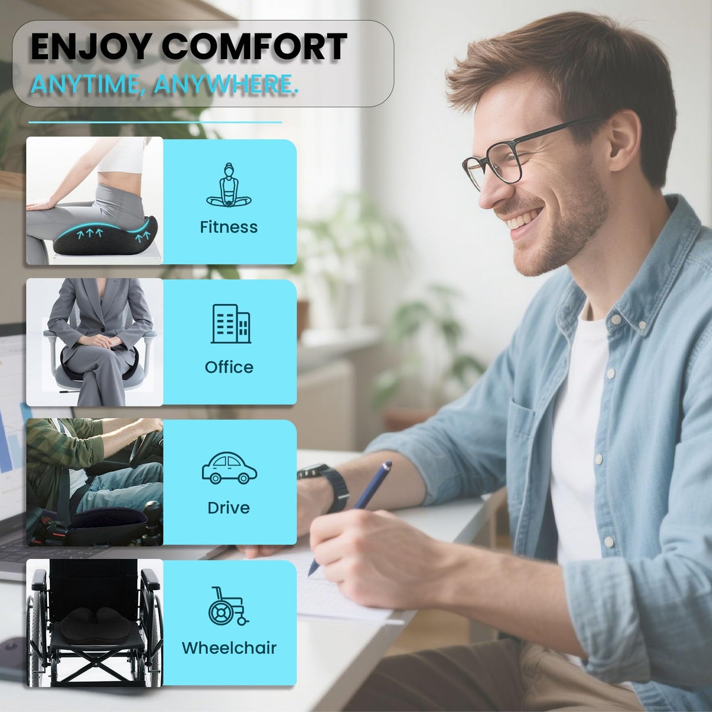 CXC Memory Foam Cushions for Office Chair – Pressure Relief Seat Cushion for Desk Chair, Car, Wheelchair, Hip & Tailbone Pain Relief Cushion for Lxx`ong Sitting, Non-Slip (Black - 3D Breathable Mesh)