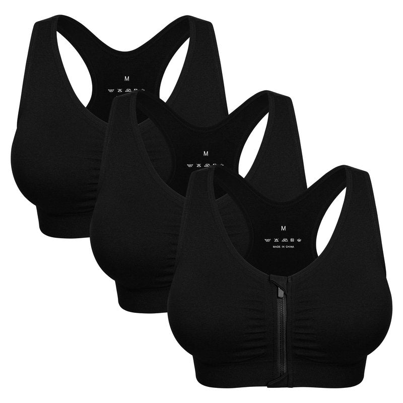 Women's Zip Front Sports Bra Wireless Post-Surgery Bra Zipped Yoga Racerback Sports Bras Plus Size Sports Bra Pack Mastectomy Bras for Women Front Closure Bra (Medium, 3 Pack(Black+White+Grey))