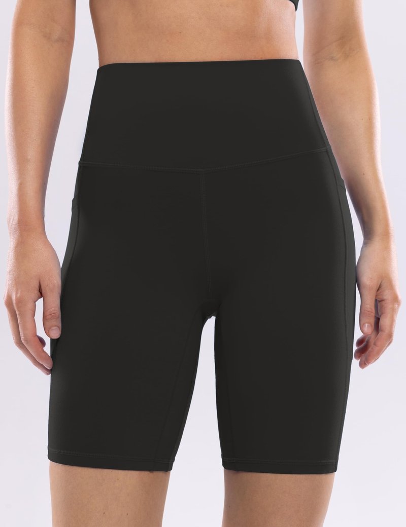 POSHDIVAH Women's Creamluxe Yoga Shorts with Pockets - 8" High Waisted Spandex Workout Running Volleyball Biker Shorts, Black Large