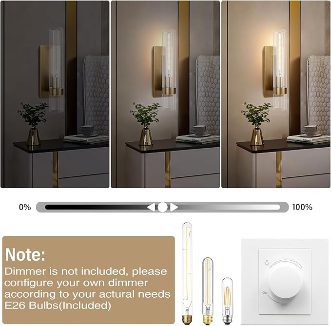 18" Wall Sconces Set of 2, Gold Bathroom Vanity Light Fixtures with Clear Glass Tube, Modern Brass Lamp Lighting for Mirror, Bedroom, Living Room, Hallway, Staircase