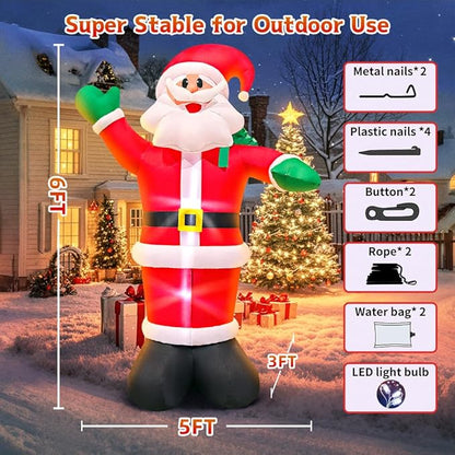6FT Inflatable Santa, Christmas Inflatable Santa Claus with Gift Bag, Santa Blow up Yard Decorations Built-in LED Lights Party Lawn Holiday Xmas Winter Outdoor Décor
