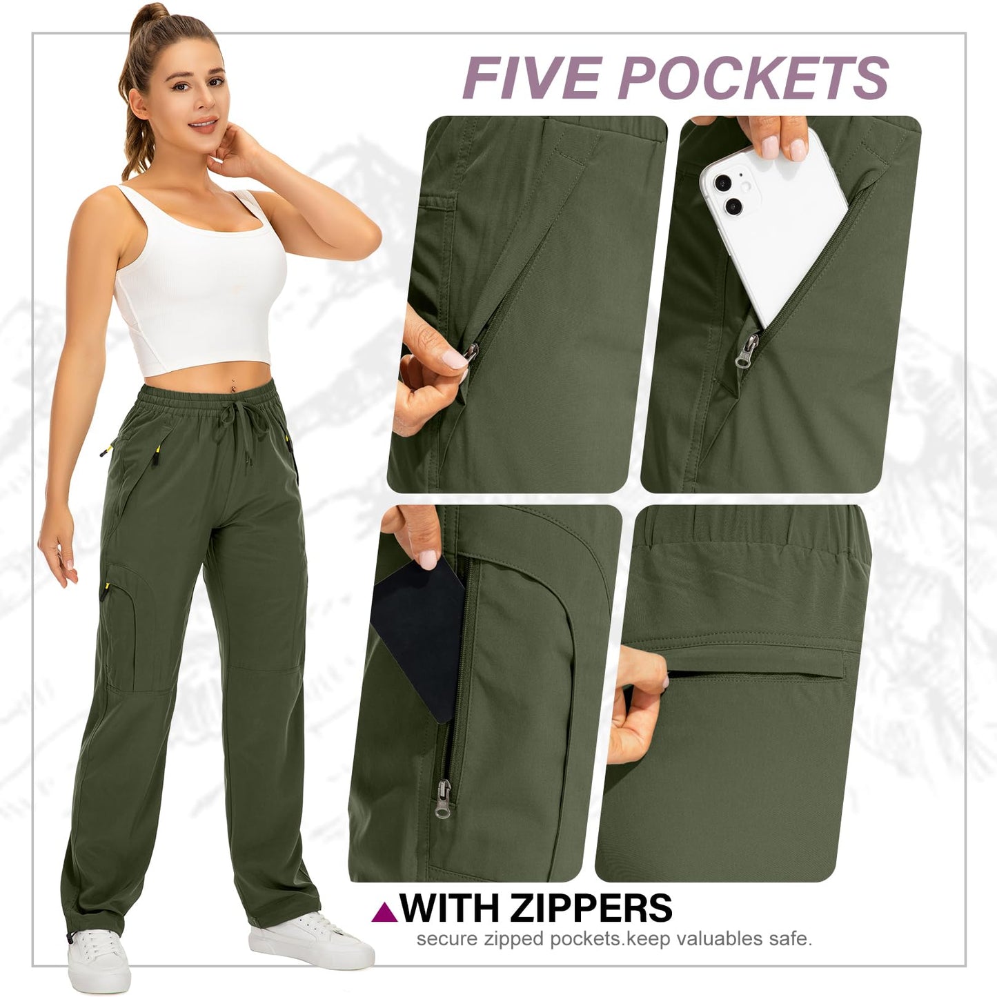Womens Hiking Pants Quick Dry UPF 50 Lightweight Travel Golf Cargo Safari Pants Zipper Pockets,6608,Army,Petite XX-L