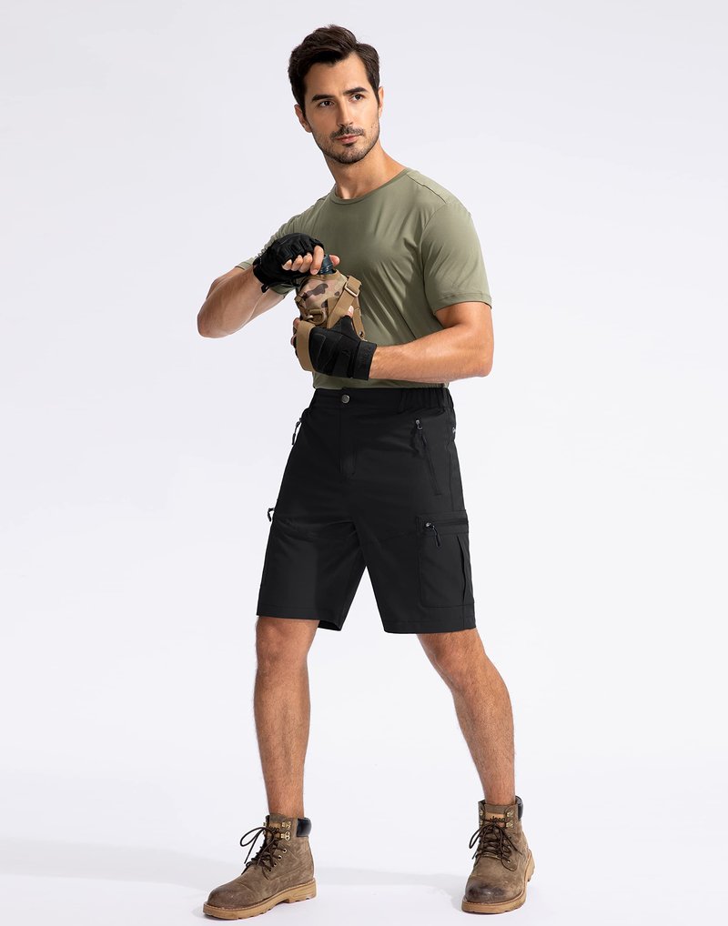 Pudolla Men's Hiking Cargo Shorts 9" Lightweight Outdoor Work Shorts for Men Travel Golf Camping Casual with 5 Zipper Pockets(Black Small)