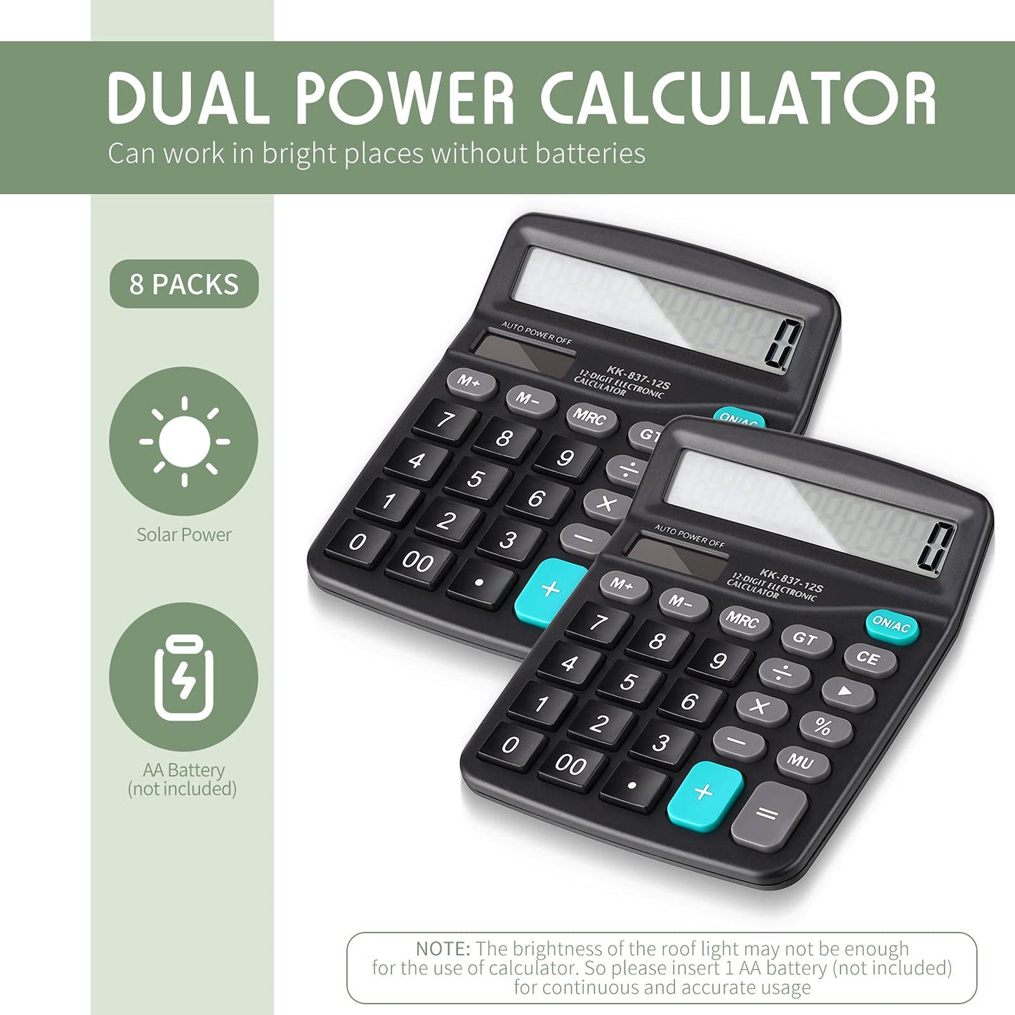 Konohan 8 Pack Calculator Bulk, 12 Digits Calculators Desktop Solar and Battery Dual Power Large LCD Display and Sensitive Butto Handheld for Office, School, Home(Black)