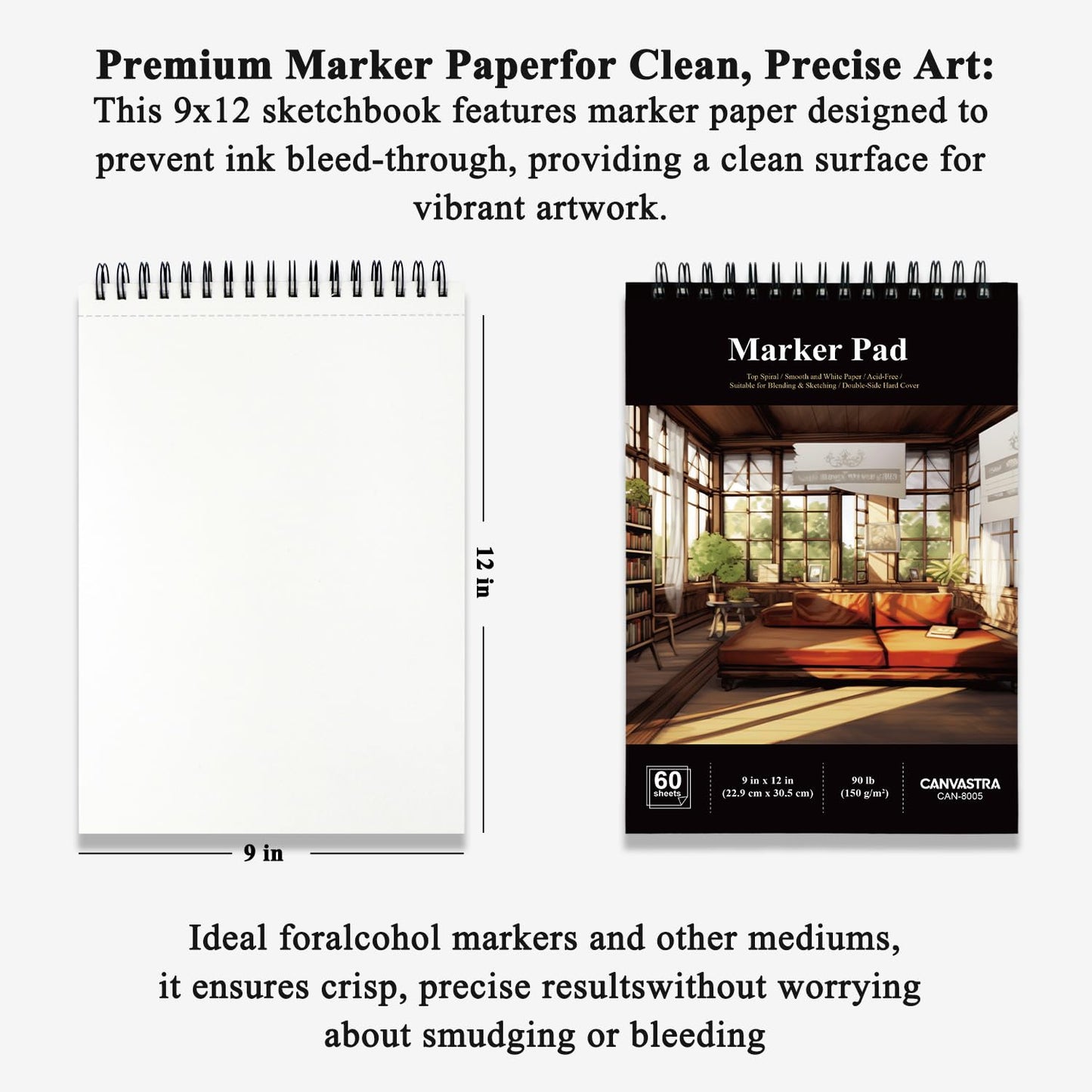 Marker Paper Sketchbook 9x12, 60 Sheets Marker Pad for Alcohol Markers, 90lb/150gsm Paper for Markers with No Bleeding, Sketch Book for Alcohol Markers bleedproof for Adults, Artists, Beginners, Kids.