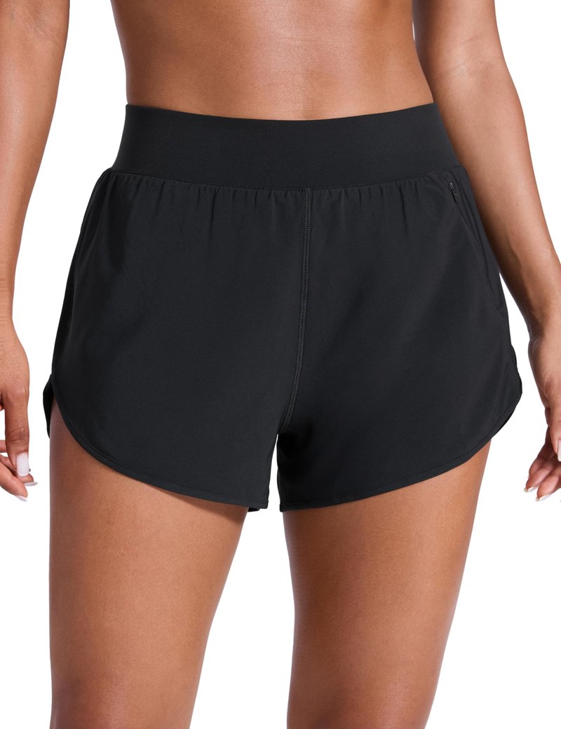CRZ YOGA Dolphin Flat Waist Athletic Shorts for Women 3" - High Rise Quick Dry for Running Workout Gym Track with Zip Pockets Black Large