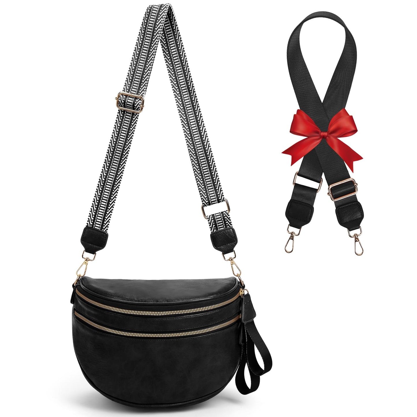 Leather Crossbody Fanny Pack Trendy Bum Bag Double Zip Multi Compartment with 2 Adjustable Straps Daily Belt Purse for Women