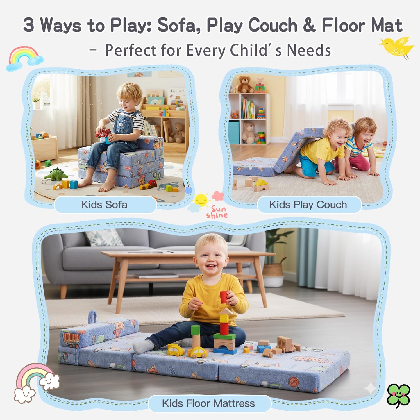 Tiita Foldable Floor Mattress for Kids-Glow in The Dark Toddler Nap Mat with Storage Bag, Portable Toddler Floor Nap for Travel, Daycare, Camping, RV, Playroom, Vehicles