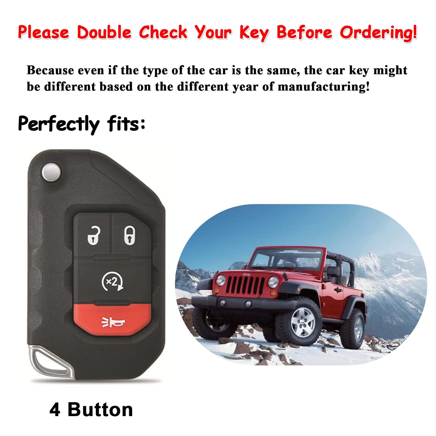 EASYANT Handmade Leather Car Key Fob Cover Compatible with Jeep 2018-2024 Wrangler Gladiator Sahara Rubicon 4 Buttons Black
