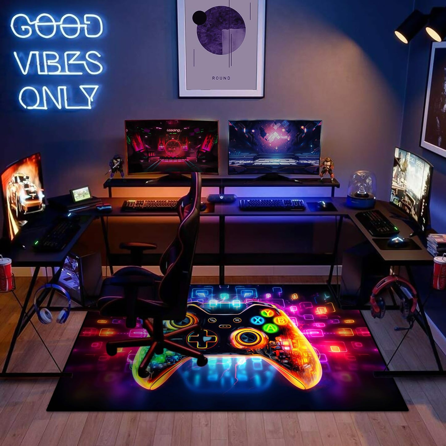 KALERA Gaming Area Rug, Transparent Gamepad and Colorful Lighting Background, Modern, Multicolor, 5' x 3'4" (Rectangular), Boys Girls Bedroom Playroom, Living Room