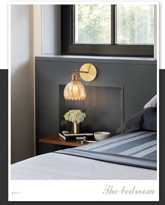 Plug in and Hardwired Wall Sconces, Luxury Vintage Tulip Crystal Glass Shade Wall Light with Switch for Bedside Bedroom Living Room (Tulip-Amber, 1)
