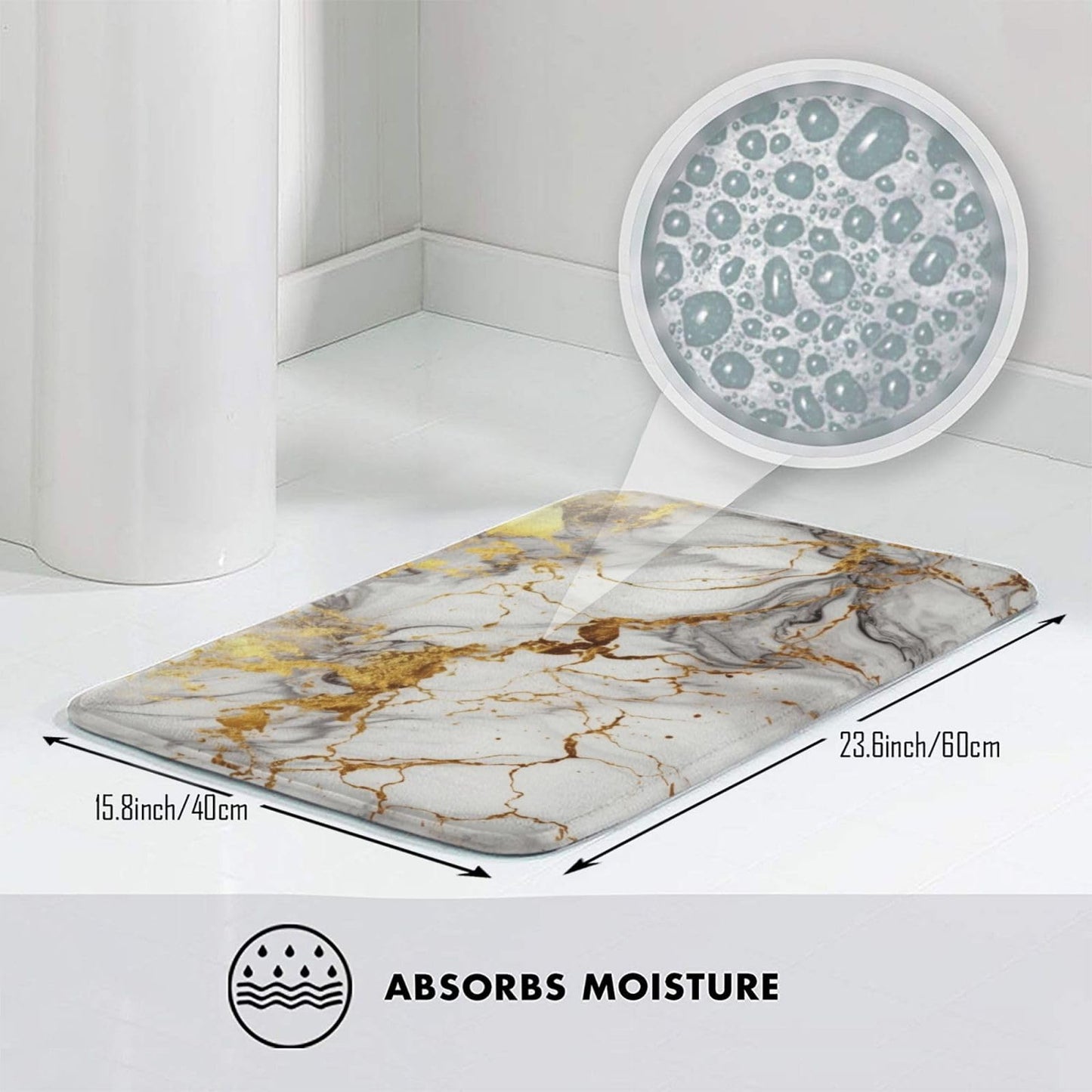 Jbofyee Golden White Marble Print Bath Mat 24x16 Inch Non-Slip Soft Microfiber Bathroom Rugs Washable Bathmat, Carpet Rug Entryway Decor for Tub Shower Room Floor