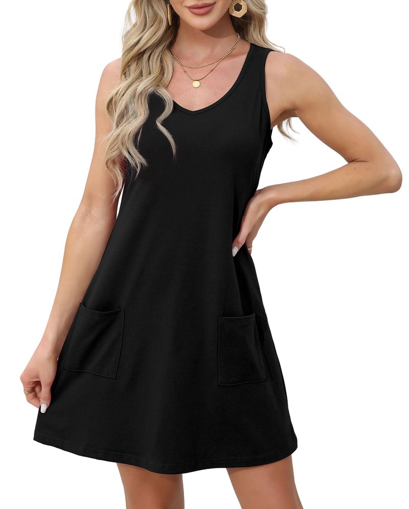 Vestidos De Verano para Mujer 2024 Loose V Neck Sleeveless Casual Dress Sundresses Swing Tank Dresses Plain Black L