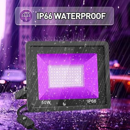 50W Black Light, 2Pack Indoor Outdoor Blacklight with Plug and Switch, Ip66 Waterproof, 365 NM UV Light for Glow Neon Party, Body Painting, Fluorescent Tapestry