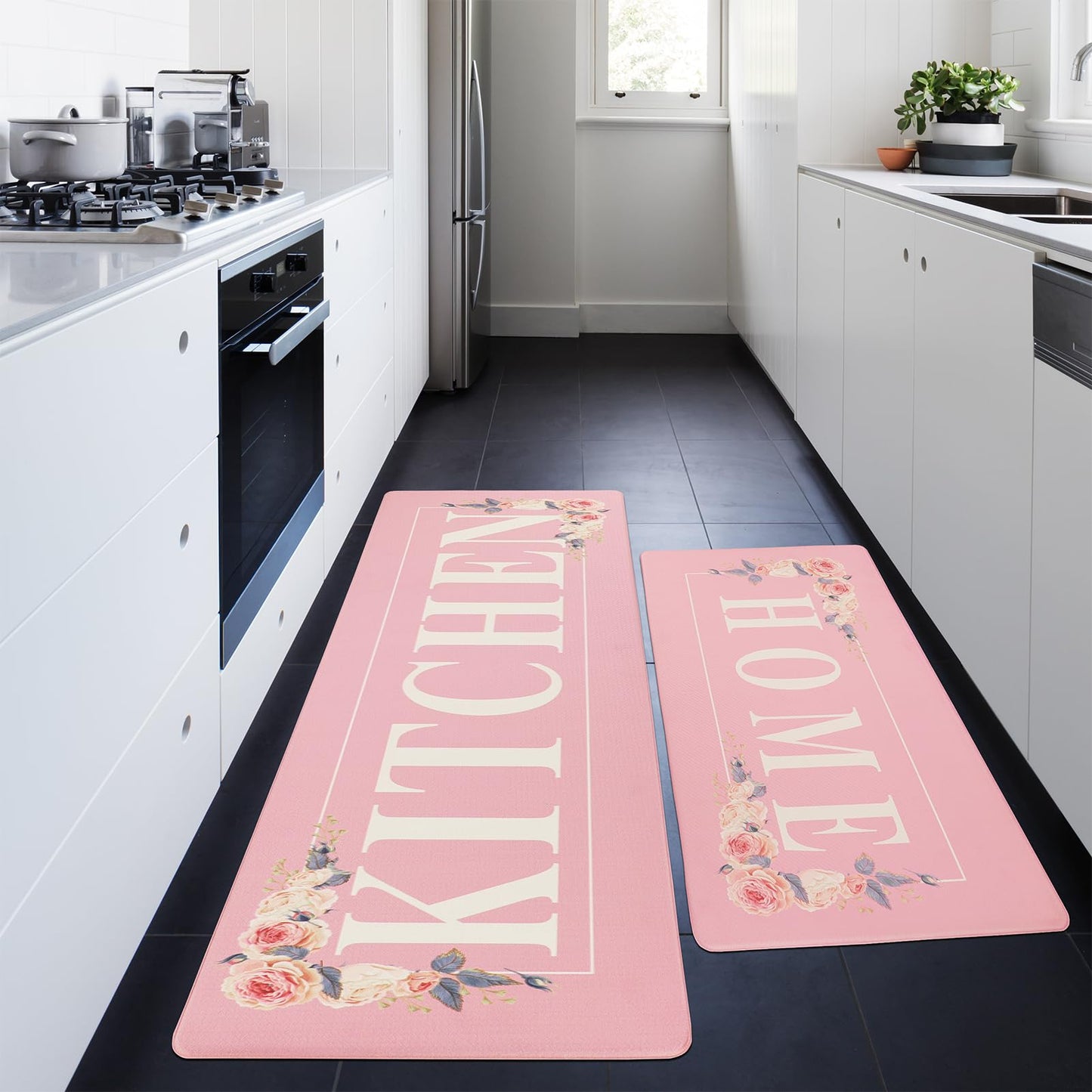 PCSWEET HOME Floral Kitchen Mat Sets 2PCS Non Skid Waterproof Kitchen Rugs and Runner Sets Cushioned Anti-Fatigue Comfort Mat for Home,Office Memory Foam Kitchen Rug, 17.3"x30"+17.3"x47", Pink