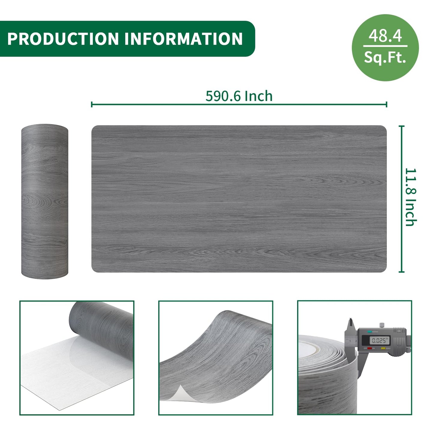 ZRJT Peel and Stick Floor Tile 11.8” x 590” Vinyl Flooring Roll Cover 48.4 Sq.Ft. Waterproof Scratch-Resistant DIY Self-Adhesive PVC Wood Flooring for Renter, Kitchen, Bathroom, RV, Grey