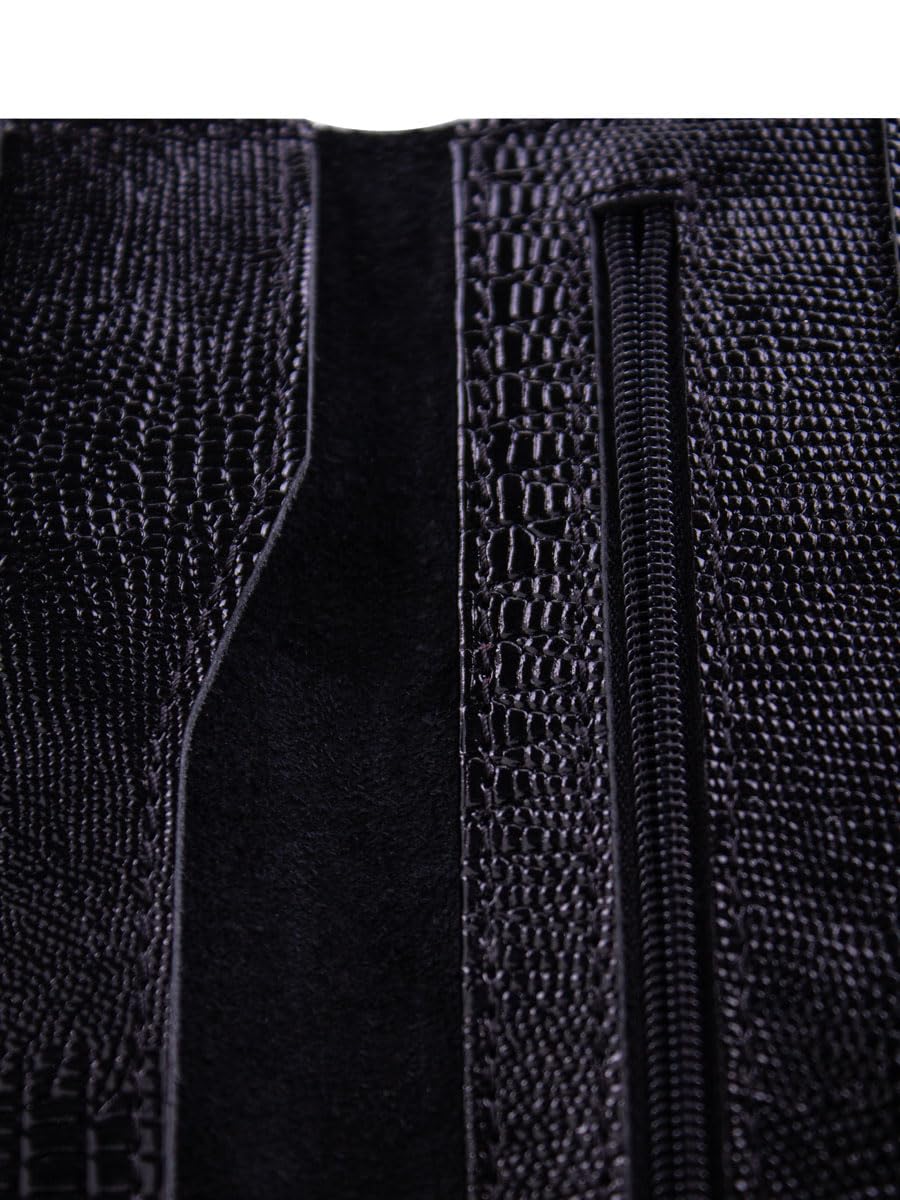 Genuine leather banknote wallet Travel black lizard (leather, durable stitching, folds in half, holds 4 cards, coin pocket, flat banknote compartment)