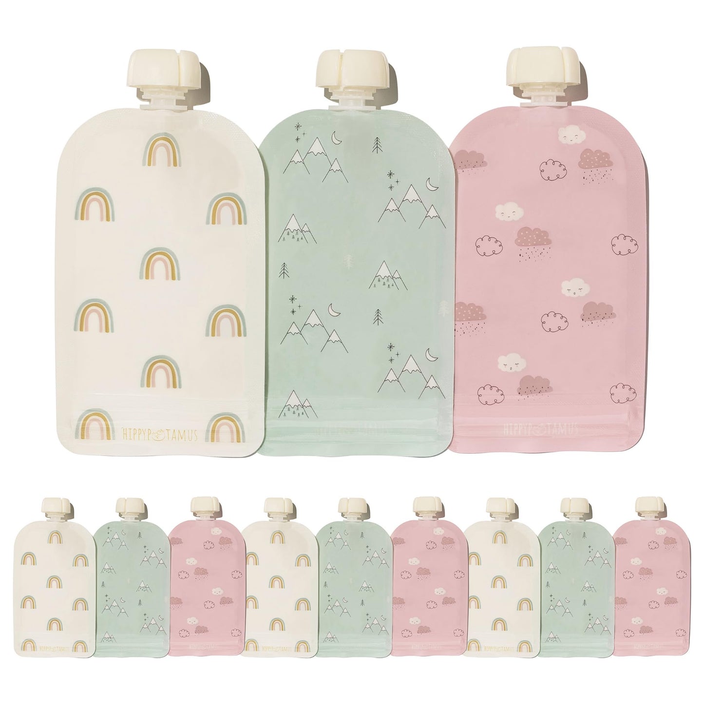 Hippypotamus Reusable Baby Food Pouches for Toddlers - BPA Free Food Grade - Dishwasher & Freezer Safe - Baby Food Containers - Refillable Squeeze Pouch for Applesauce & Yogurt - 12 Pack (Rainbows)