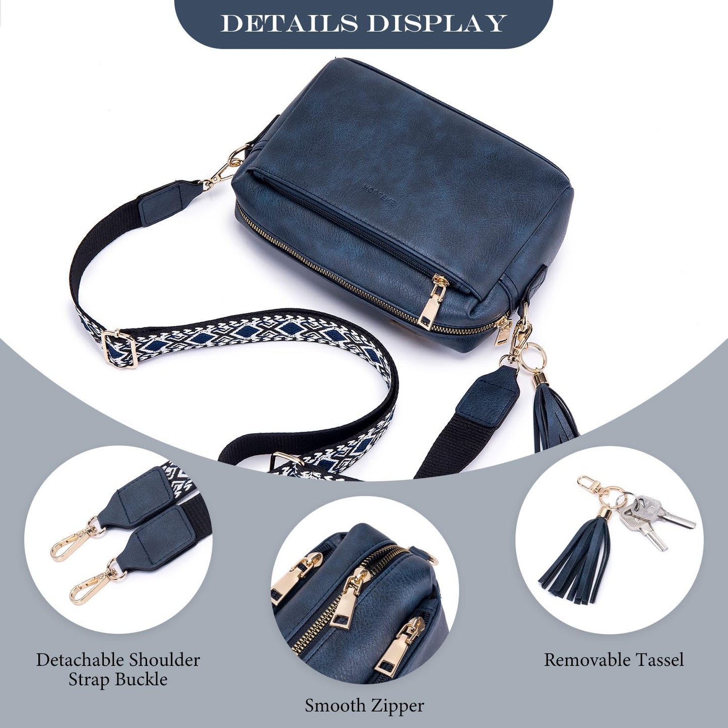 Roulens Triple Zip Small Crossbody Bag for women,Wide Strap Cell Phone Purse Shoulder Handbag Wallet with Credit Card Slots