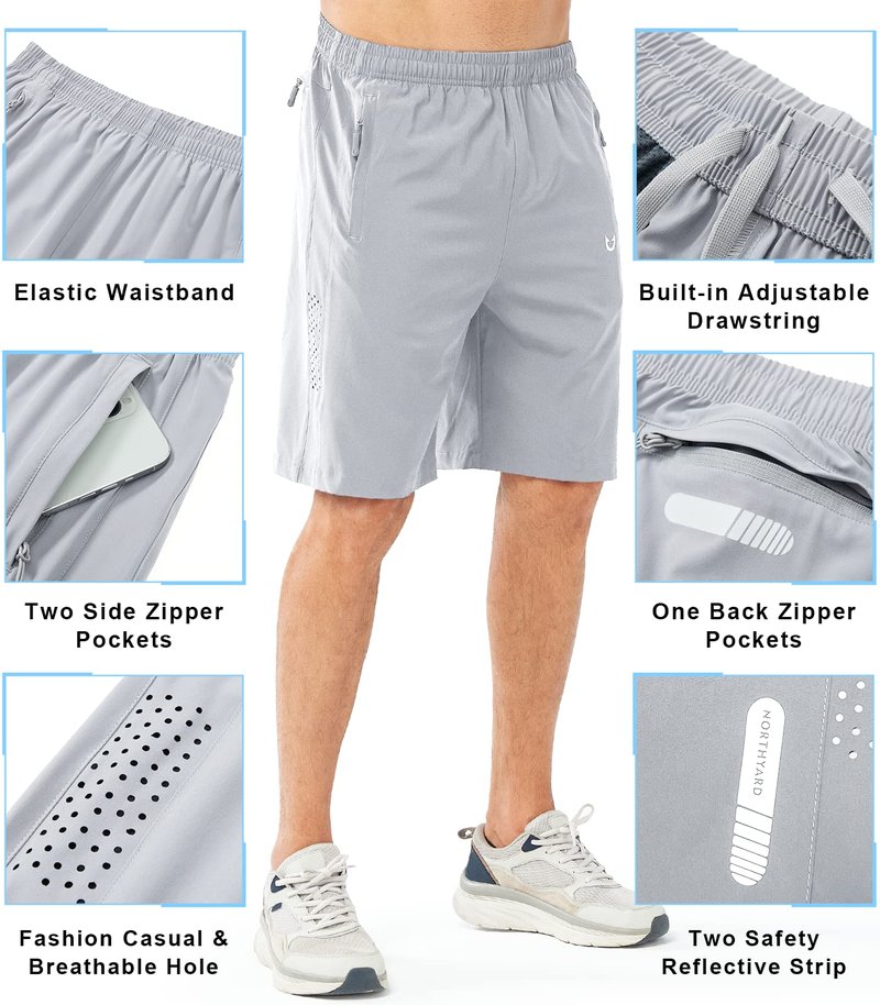 NORTHYARD Men's Athletic Running Shorts Gym Workout 7"/9"/5" Quick Dry Lightweight Sports Basketball Tennis 3 Zipper Pockets GREY-9inch 4XL