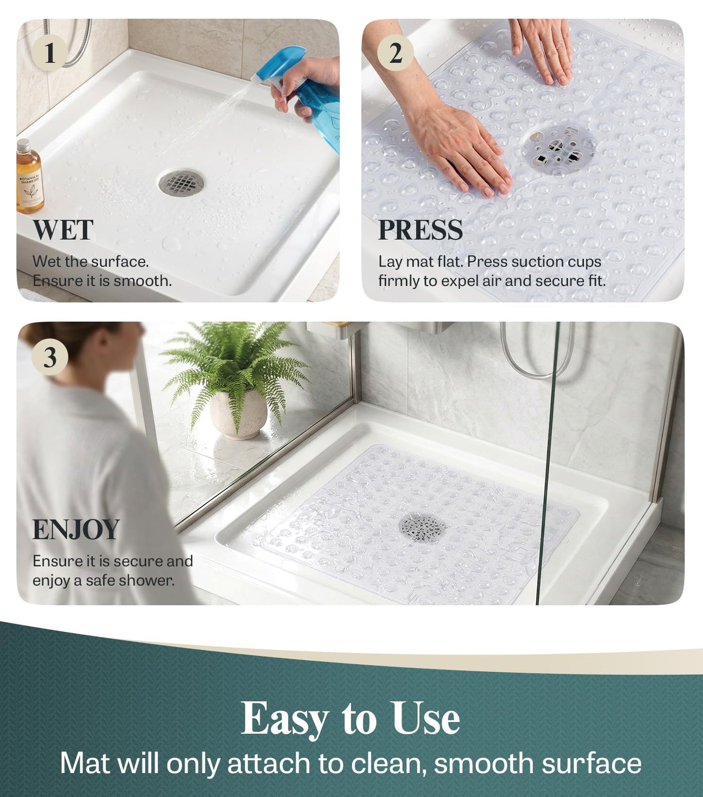 HITSLAM 21x21 Inch Square Shower Mat Non Slip, Anti Slip Bathtub Mat with Strong Suction Cups & Drainage Holes, Machine Washable Bathroom Floor Mat for Inside Shower Stall and Tub, Clear