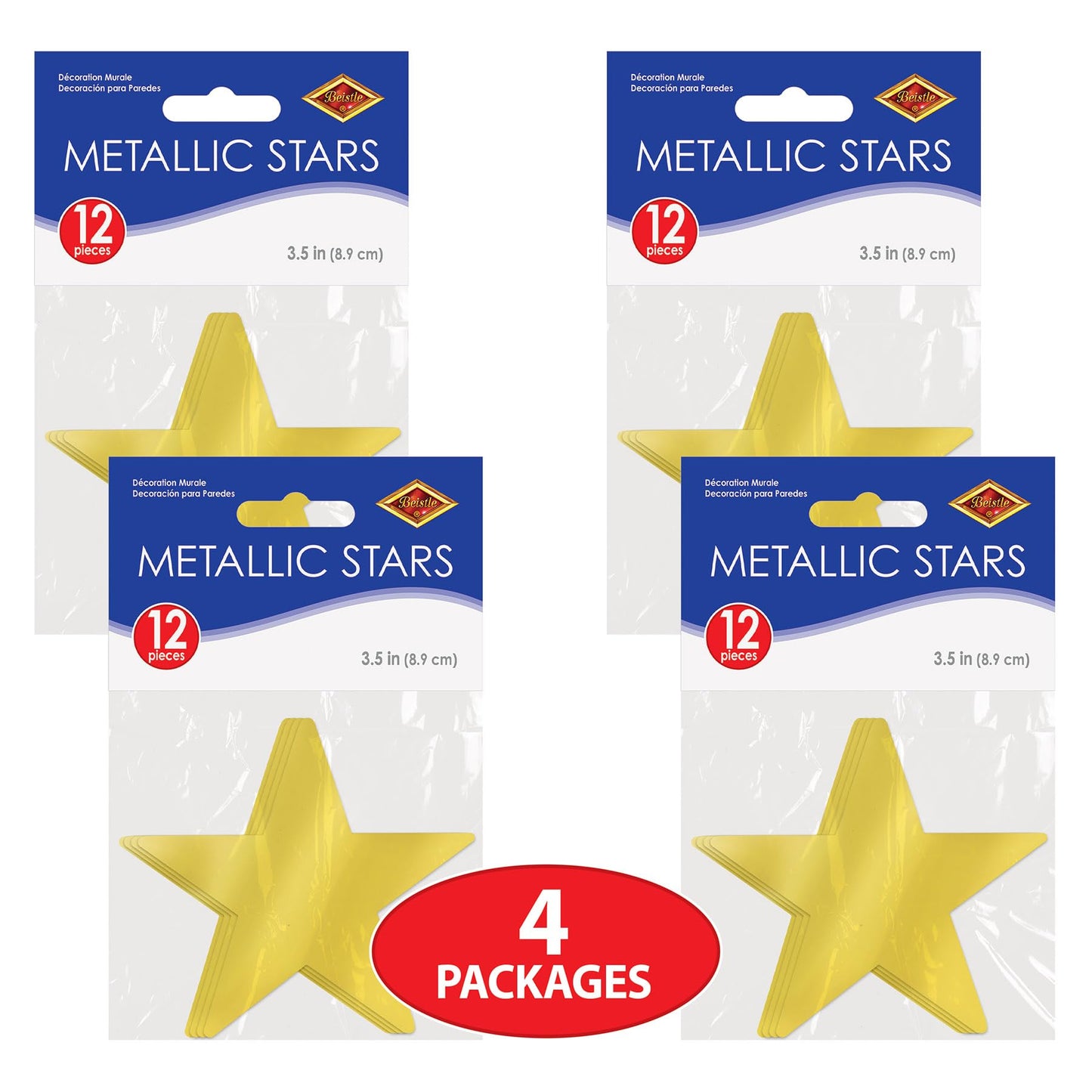 Beistle Gold Metallic Star Cutouts – 48 Plastic Decorations for Awards Night Parties and Banquets, Hollywood Themes, Graduation Celebrations, Bulletin Boards and New Year’s Eve Event Decor, 3½"
