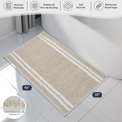 PURRUGS Bathroom Rug Non-Slip Machine Washable 30" x 46", Super Absorbent and Quick Dry Shaggy Microfiber Bath Mat, Extra Soft and Plush Bath Rug for Bathtub, Shower, and Sink, Beige