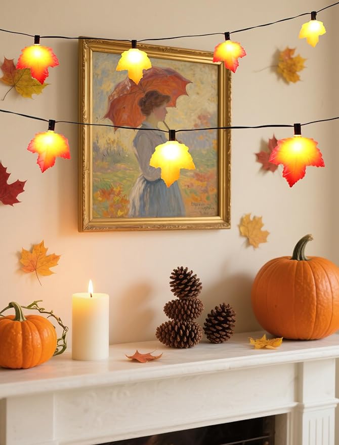 10.5 FT Lighted Fall Garland, Energy-Efficient LED Maple Leaf String Lights (UL Certified) for Thanksgiving & Halloween Mantle Decor