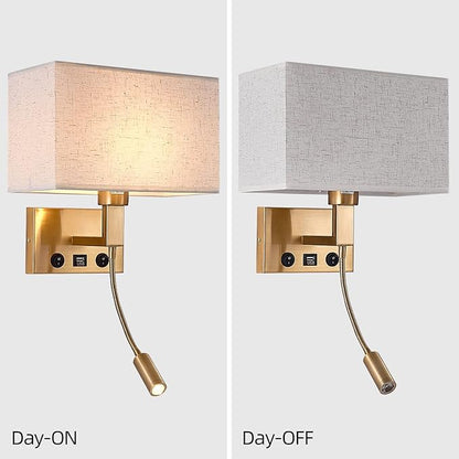 Bedroom Wall Sconces, Hardwired Wall Lamp with USB and Reading Lamp Fabric Shade Bedside Wall Lights with Reading Lamp for Bedroom Living Room Hotels Corridors (Brass)