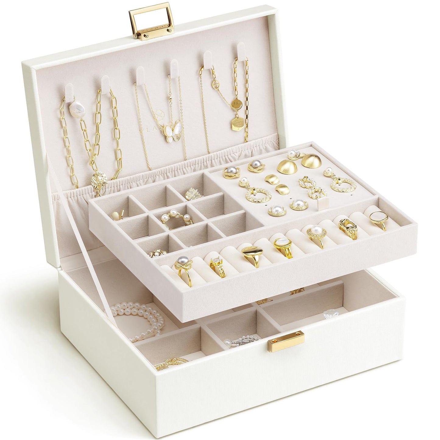 VLANDO Jewelry Box for Women, Gift for Women Girls,2 Layer Jewelry Box,Large Jewelry Organizer for Women Removable Jewelery Tray for Necklace Earrings Rings(Cream White)