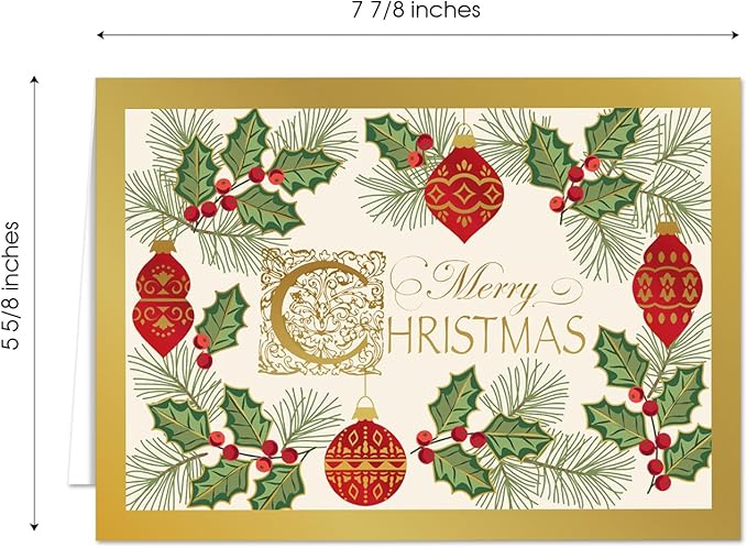 Masterpiece Antique Ornament Christmas Cards / 15 Festive Evergreen Holly Holiday Card Set With Foil Accents And White Envelopes / 5 5/8" x 7 7/8" Winter Greeting Cards With Inside Verse