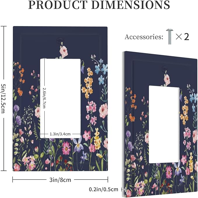 Rustic Wild Floral Darkground Vintage Watercolor Flower 1 Gang Rocker Light Switch Covers Decorative Single Decora Outlet Wall Plate Faceplate Switchplate GFCI for Bedroom Decor