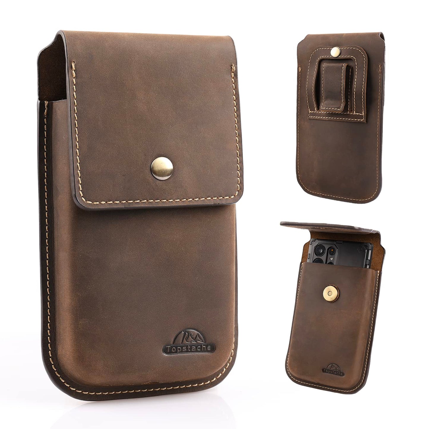 Topstache Leather Phone Holster for iPhone 17/16/15/14/13 Pro Max & Plus - Belt Clip Cell Phone Case for Galaxy S25/S24/S23 Ultra & Plus - Leather Belt Holder Pouch for Men, XL,Darkbrown