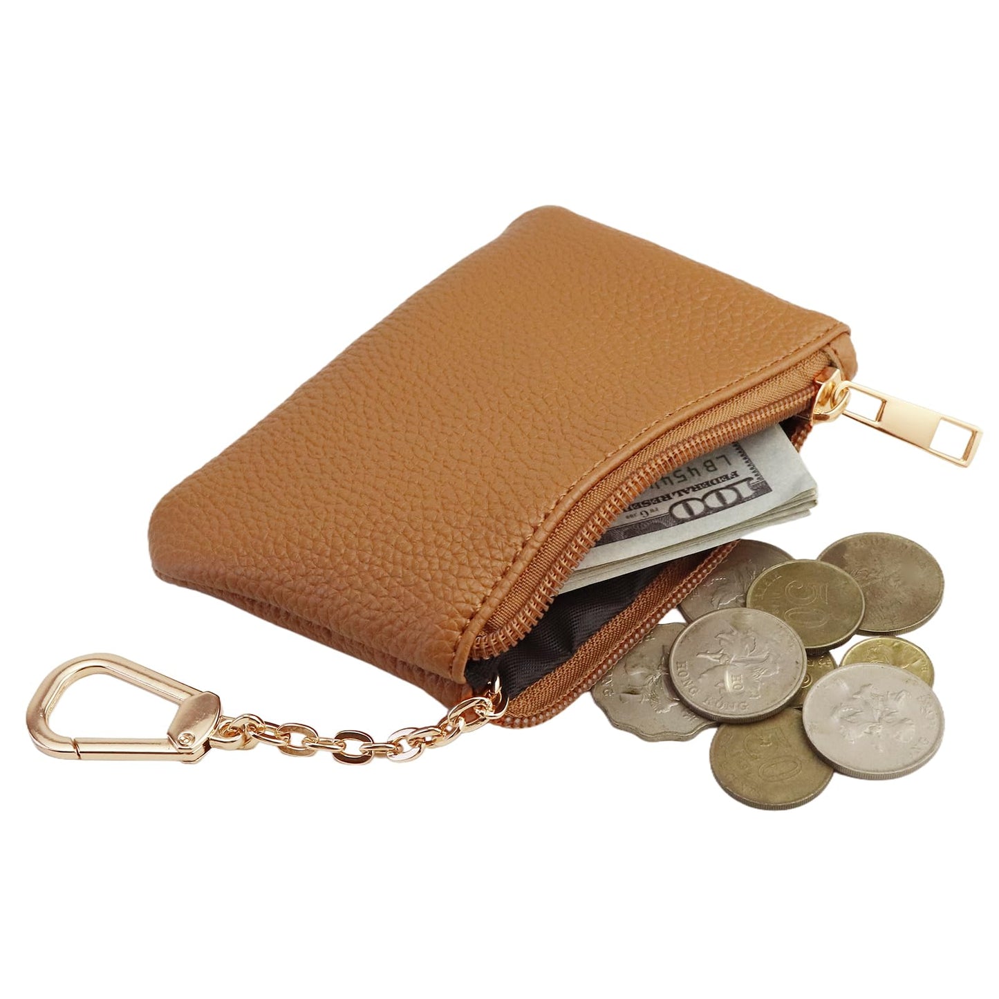 Keychain Coin Purse, Small Change Purse with Card Holder, Keychain Pouch Wallet for Women and Men (Brown)