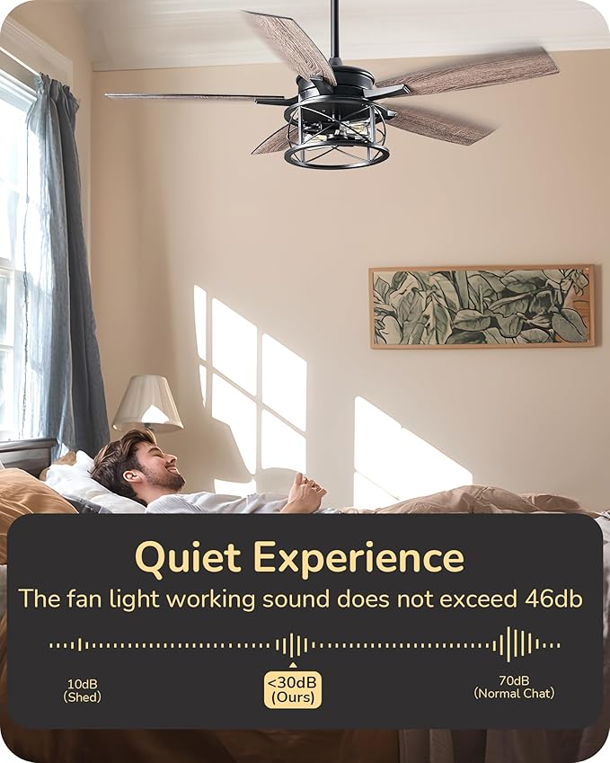 EDISHINE 42“ Black Farmhouse Ceiling Fans with Lights, Remote Control, Dimmable, 6 Speeds, 5 Wood Blades, DC Reversible Motor, Timer, Noiseless, Small Rustic Fan for Bedroom Living Room Kids Room