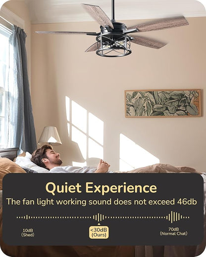 EDISHINE 42“ Black Farmhouse Ceiling Fans with Lights, Remote Control, Dimmable, 6 Speeds, 5 Wood Blades, DC Reversible Motor, Timer, Noiseless, Small Rustic Fan for Bedroom Living Room Kids Room