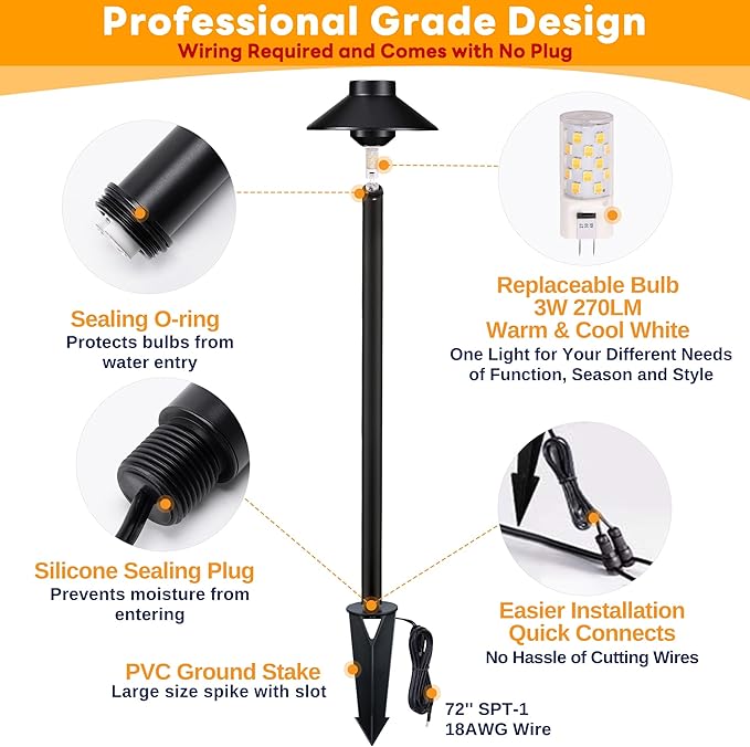 Gardenreet Low Voltage Landscape Path Light Solid Brass, 3 Color Temp Selectable LED Driveway Light Waterproof, Hat Shaped 12V Wired Black for Walkway Garden with 3W 270LM G4 Bulb (12 Pack)