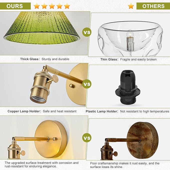 Wall Sconces Set of Two Hardwired, Vintage Wall Light with Gradient Green Glass Lampshade, Bathroom Wall Sconces with Switch, Gold Wall Light Wall Decor Set of 2
