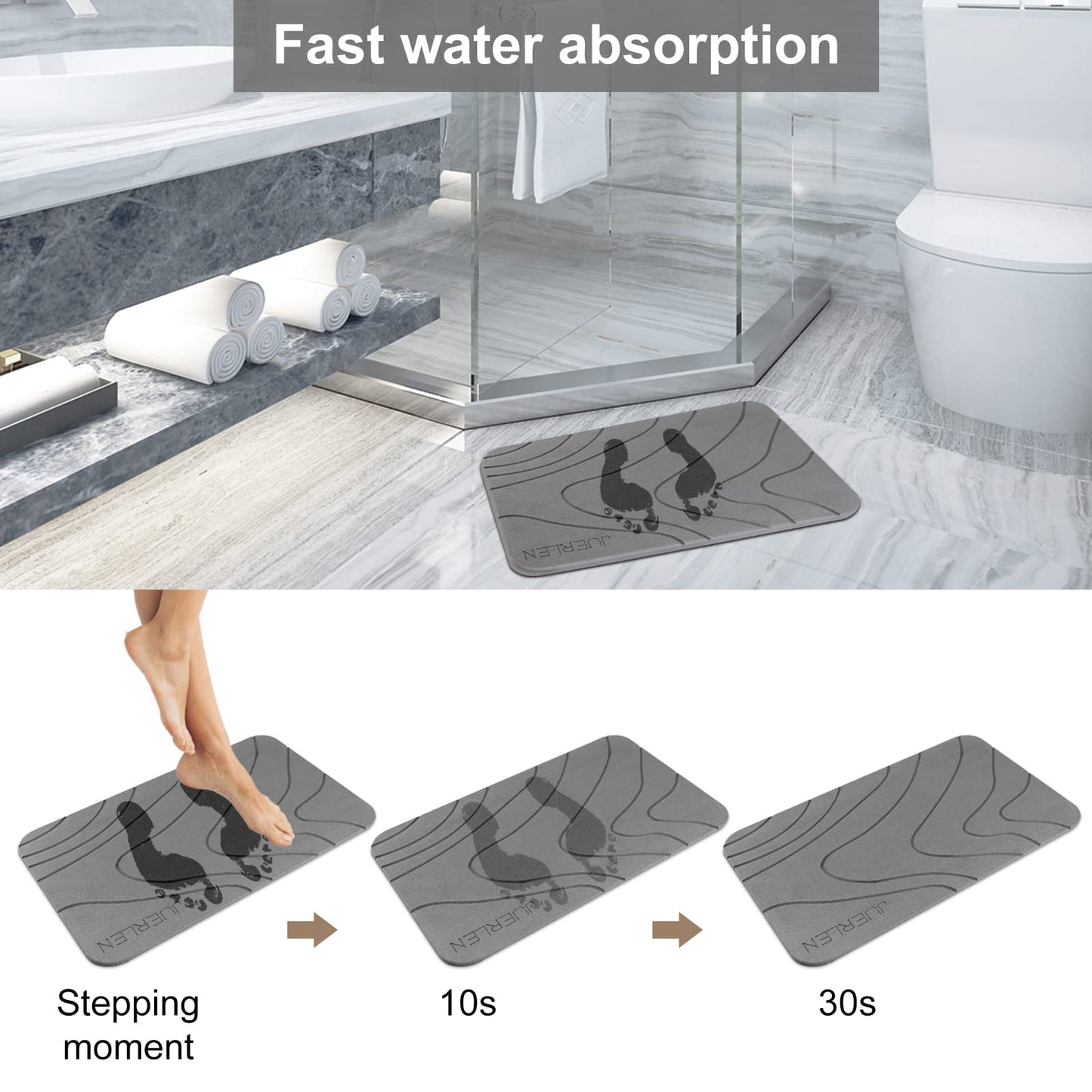 JUERLEN 2 Pack Diatomaceous Earth Shower Mat, Stone Bath Mat, Nonslip Super Absorbent Fast-Drying Hard Bath Mat for Bathroom Shower Floor, 24 x 16 inch, Grey Wave Design