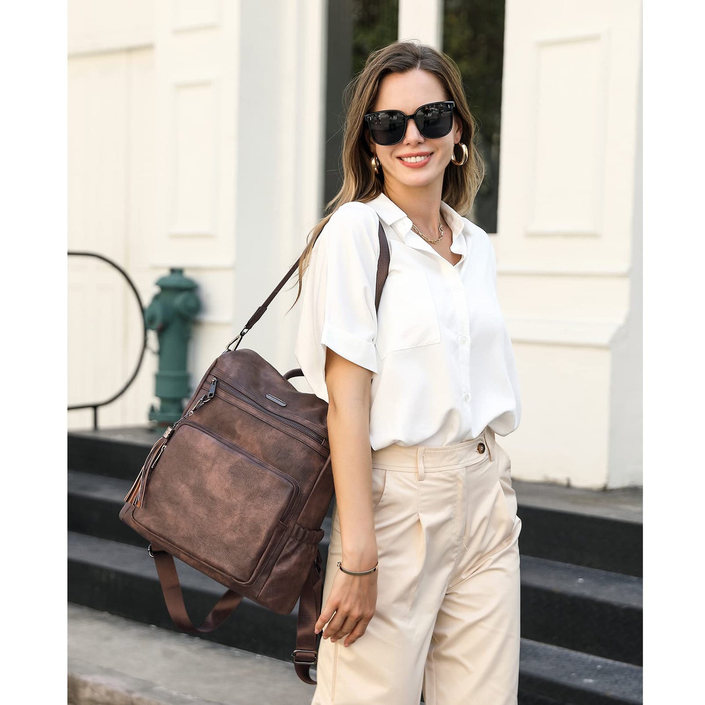 CLUCI Backpack Purse for Women Large Leather Travel Backpack Work Fashion Ladies Casual Daypack with Tassel Two-Tone Coffee