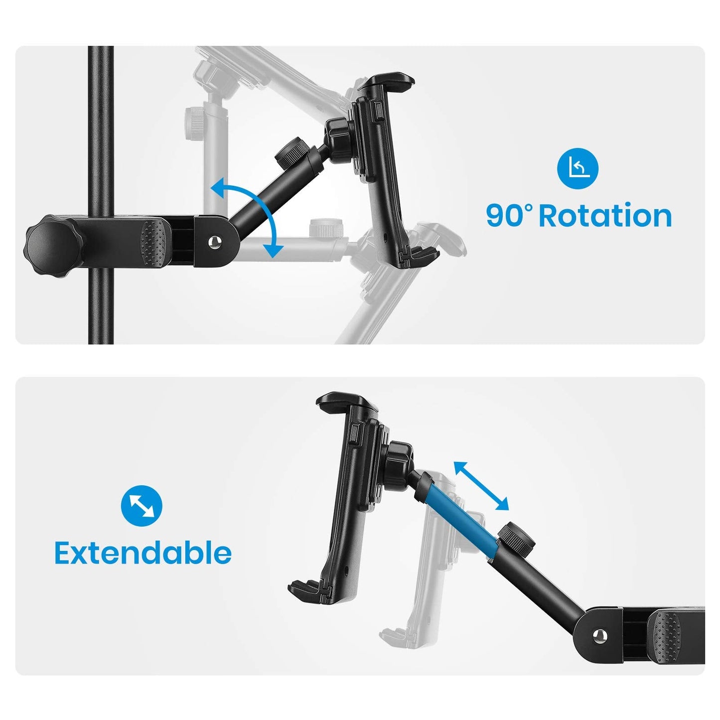 Moukey Tablet Holder for Microphone Stand, Adjustable Mic Music Stand Phone Holder Mount, Compatible with iPad, iPhone, Android, All 4.7 to 12.9 Inches Tablets & Smartphones